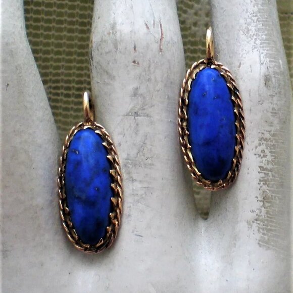 Vintage Solid 14K Yellow Gold Blue Lapis Lazuli Dangle Drop Pierced Earrings - Picture 1 of 7